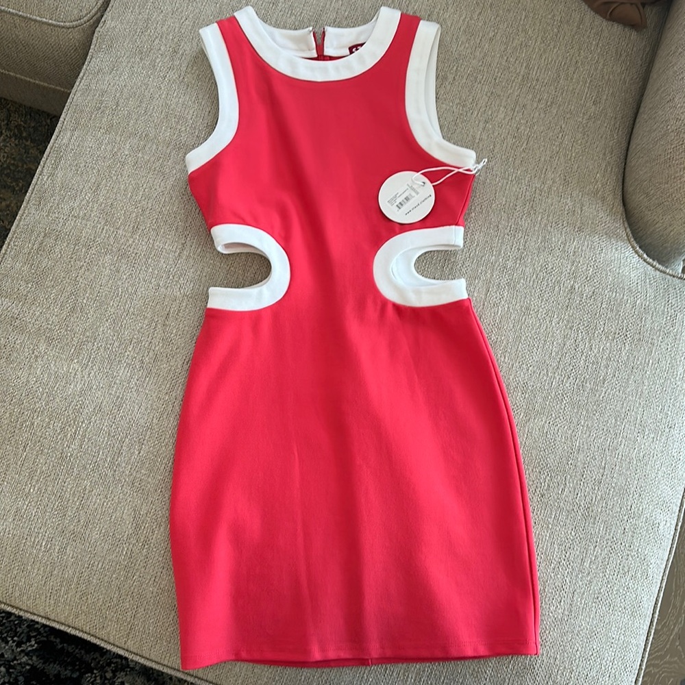 Staud Dolce. Mini-length, sleeveless ponte dress. waist cutouts, contrast trim.